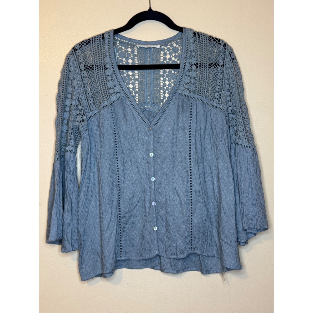 Love‎ Stitc Blue Crochet Lace Bell Sleeve Boho Blouse Top Women's Size S